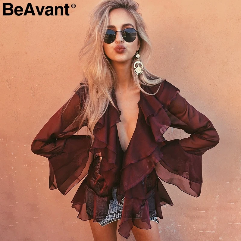 

BeAvant Elegant ruffles chiffon blouse shirt women Casual flare sleeve summer blouse tops 2018 Streetwear ladies blusas female
