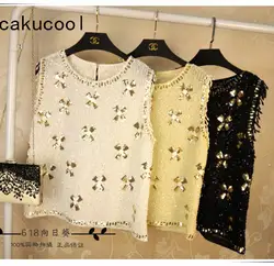 Cakucool женская летняя расшитая блестками рубашка без рукавов Bling Цветочные Бисероплетение Сексуальные корейские Blusa с круглым вырезом милые