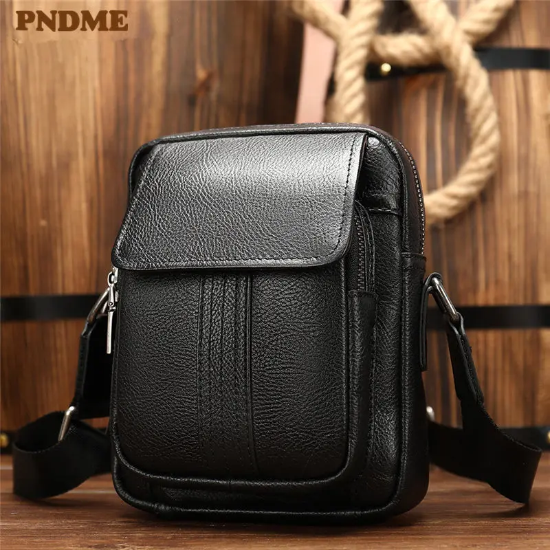 

PNDME high quality casual simple genuine leather men's shoulder crossbody bag daily handmade soft cowhide black small square bag