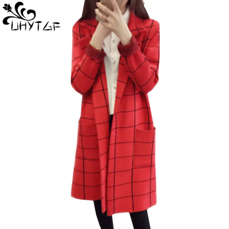 

UHYTGF Long Sweater Cardigan Women Spring Autumn Long sleeve Knit Plaid Sweater coat Loose Plus size Sweater Ladies coats 656