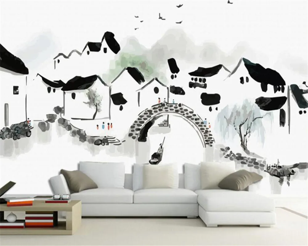 

Beibehang wall paper home decor Hand painted Jiang nan Water Village Ink Painting Background 3d Wallpaper papier peint mural