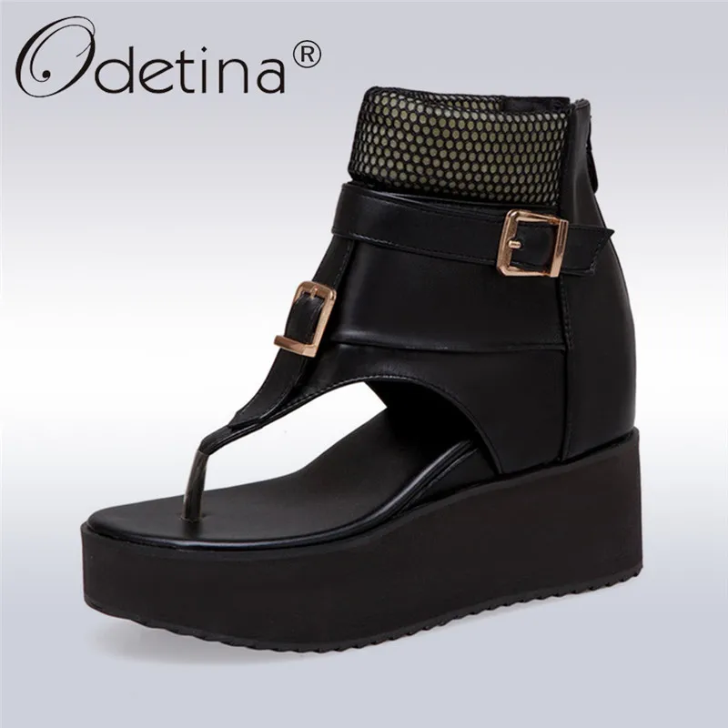 Odetina/Новый Для женщин сандалии на танкетке и на платформе на высоком каблуке Туфли с ремешком и пряжкой с открытым носком летние