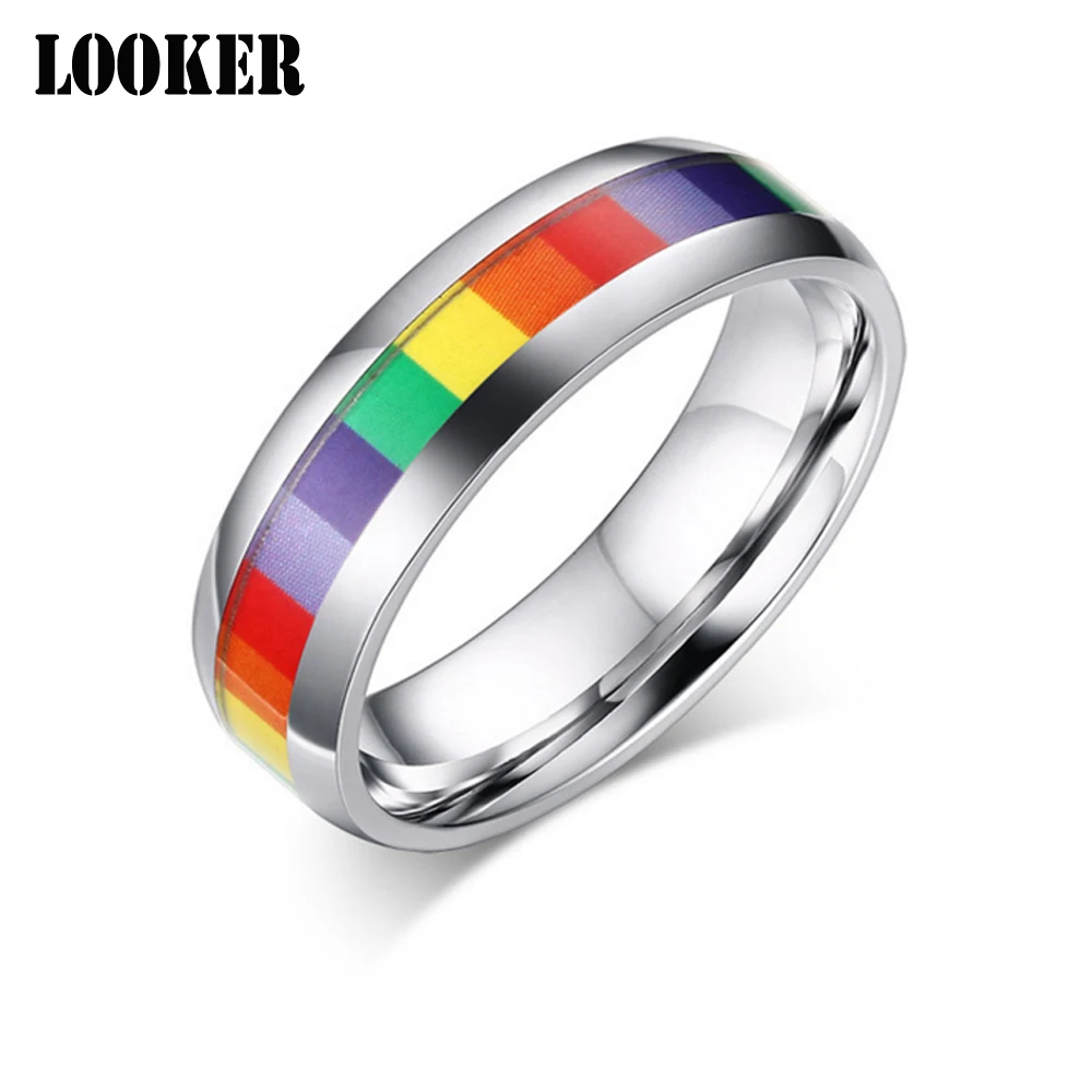 2018 Outside Rainbow Ring For Women Men Stainless Steel Wedding Rings Couple 6MM Wide Gay Pride HOMO Lover Jewelry | Украшения и
