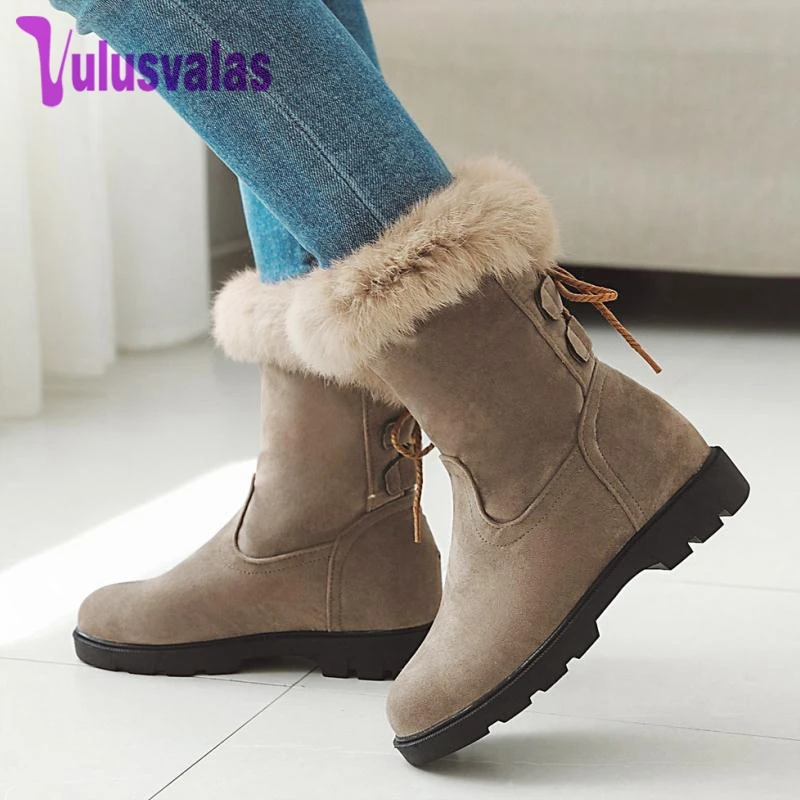 

Vulusvalas Women Short Snow Boots Winter Plush Fur Women's Shoes Lace Up Flats Boots Round Toe Keep Warm Footwear Size 33-43