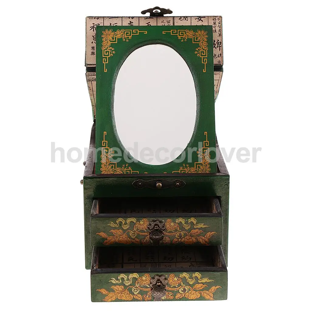 Vintage Wooden Dresser 2 Drawer 1 Mirror for Jewelry Storage Case Box Yellow