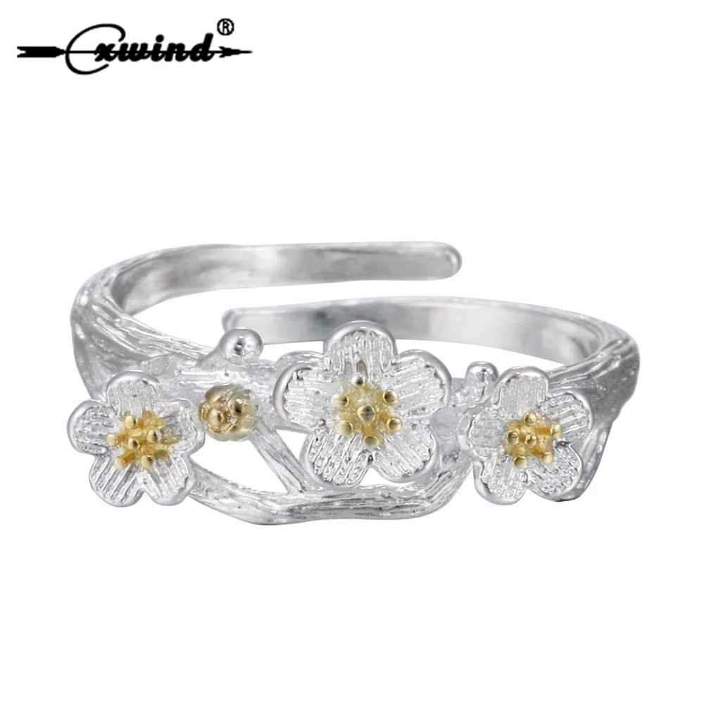 Cxwind New Cute Silver Plum Flower Rings for Midi Jewelry Fashion Flowers Open Adjustable Finger Ring women Party Gift Jewelry
