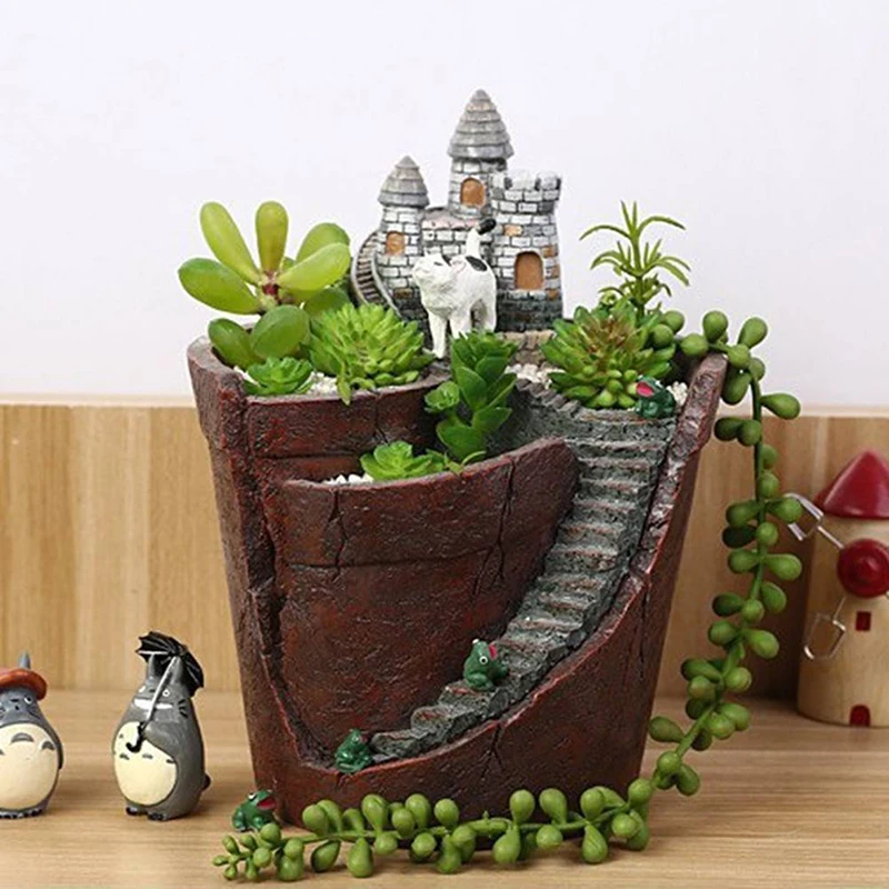 Sky Hanging Garden Shape Resin Flower Pot Castle House Design Pot For Planting Bonsai Cactus Succulent Plants Garden Decoration