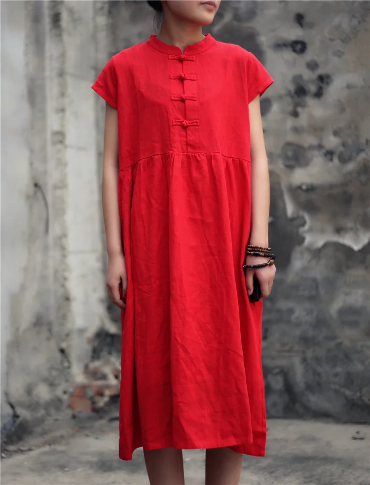 Red Mandarin collar chinese style vintage dress Women short sleeved ...