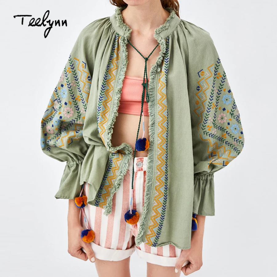 TEELYNN хлопок бохо куртка 2018 зеленый этнической вышивкой puff с длинным рукавом chic
