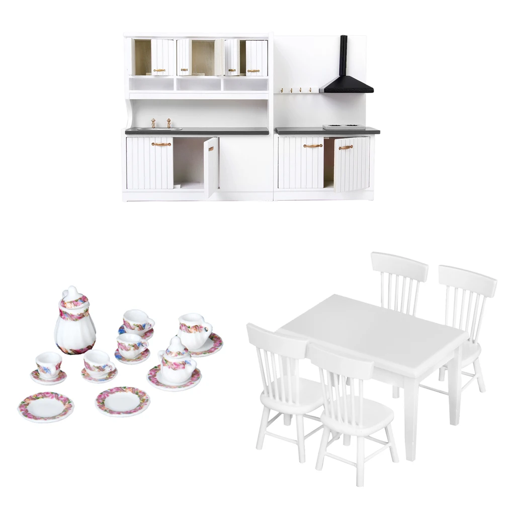 3 Sets 1/12 Dollhouse Miniature Wooden Kitchen Cabinet Table Chair Tea Set Pretend Play Furniture Toys for Children Gift Collect