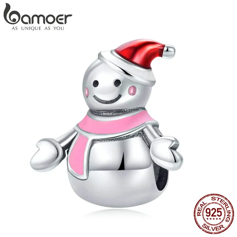 

BAMOER Authentic 925 Sterling Silver Miss Snowman Red and Pink Enamel Charms Fit Bracelets & Bangles DIY Jewelry Making SCC854