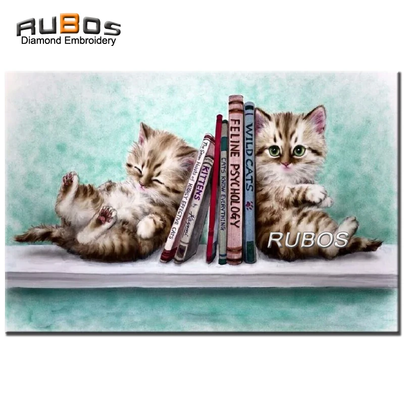Рубос DIY 5D алмазная Вышивка Два котята и книги Алмазная картина полностью