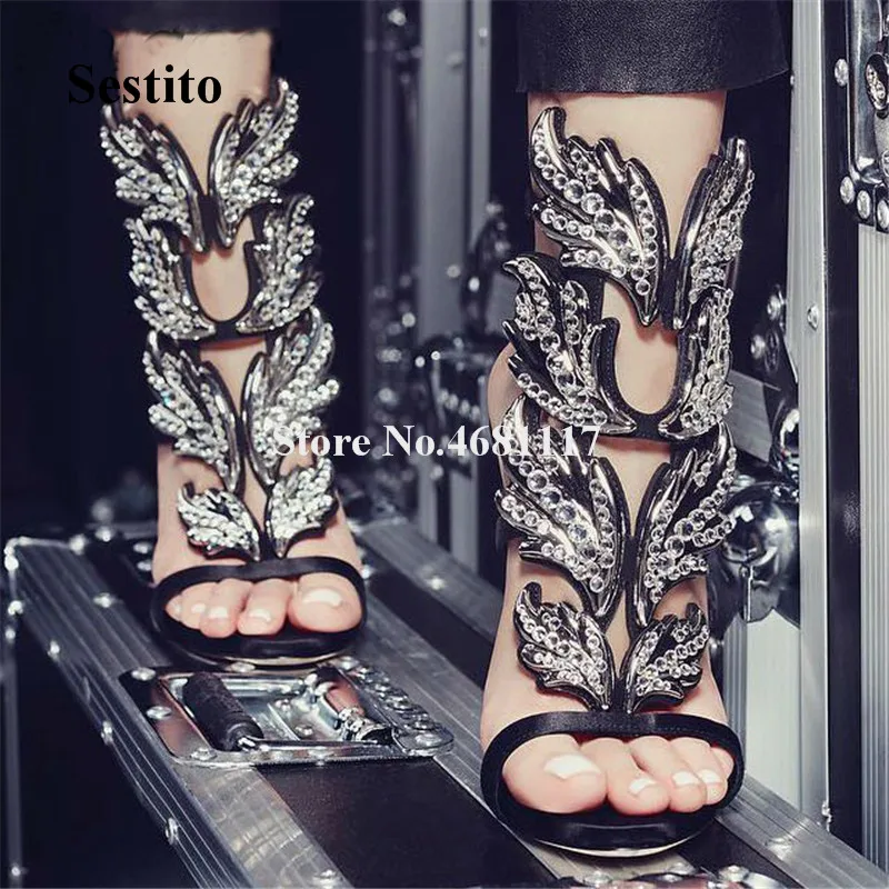

Top Brand Women Fashion Open Toe Rhinestone Wings Design Thin Heel Sandals Silver Gold Black Crystal Leafs High Heel Sandals