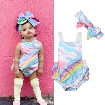 

Baby Outfits Infant Baby Girl Sleeveless Open Back Rainbow Print Romper Jumpsuit Headband Set Fashion Summer