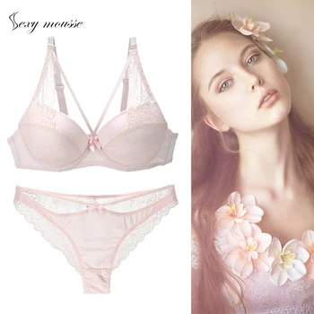 

sexy mouss Gathered lace bra set brand ladies underwear set bra back adjustment side milk Anti-sagging Gather femme lingerie