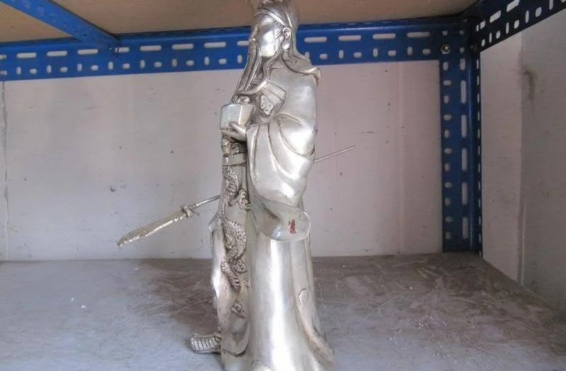 

12"Chinese Silver Stand Dragon Guan Gong GuanYu warrior Statue