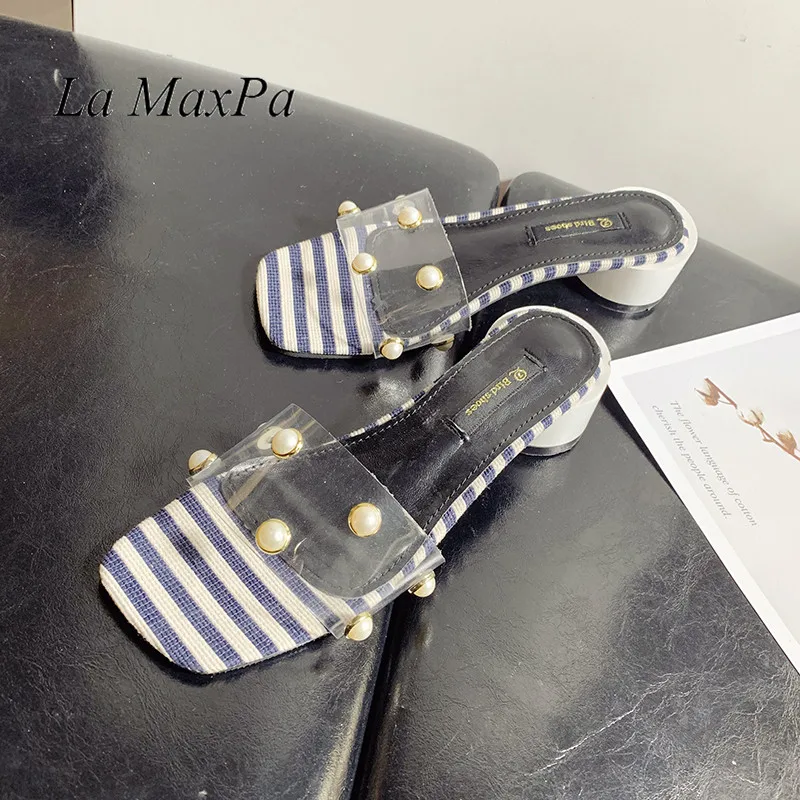 

2019 Pretty Pearl Women Stripe PVC Slippers Casual Slides Sandals Sexy Vacation Beach Ladies Summer Flats Heels Flip Flops