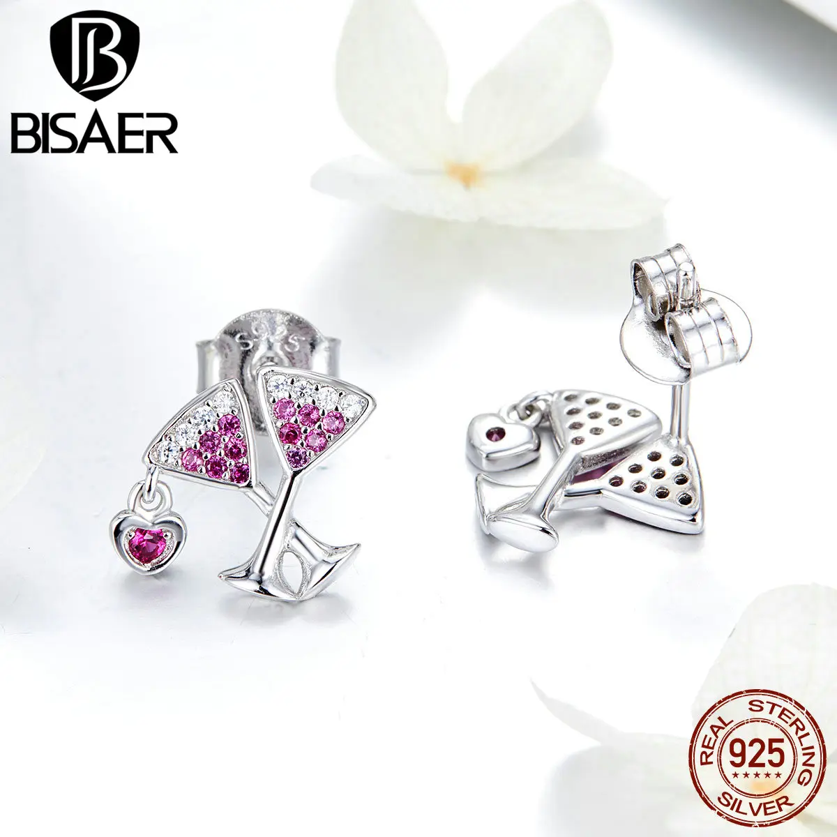 BISAER, 925 пробы, серебряные стеклянные маленькие серьги-гвоздики для женщин, в форме сердца, крошечные серьги-гвоздики, модные ювелирные изделия, Brincos GXE571