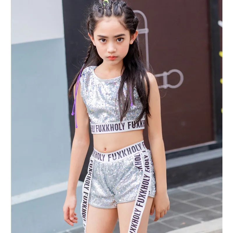 Green Silver Sequin Hip Hop Kids Dance Clothes Stage Outfit Jacket Tank Top Shorts Suit Girls Boys Hiphop Jazz Street Costume