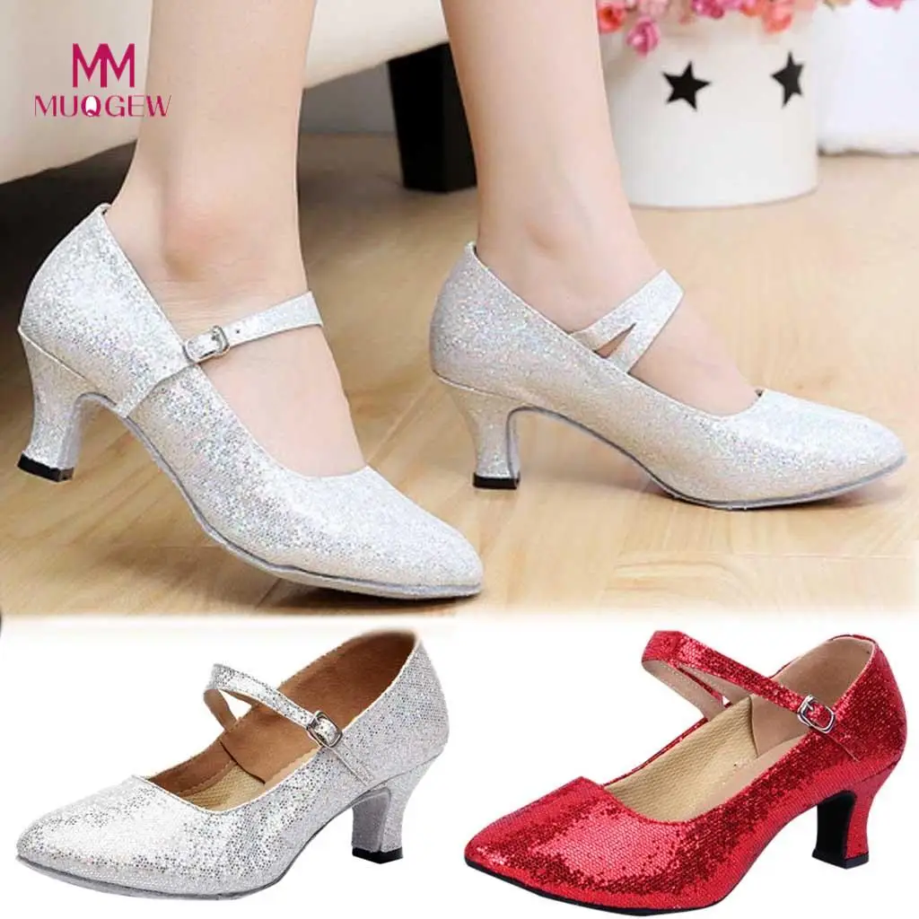 MUQGEW Mid High Heels Glitter Dance Shoes Women Ballroom Latin Tango Rumba Dance Shoes Woman