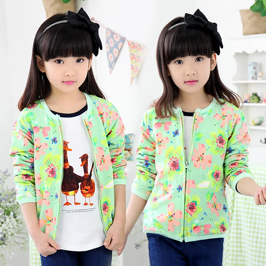 2016 Autumn Girls Clothing Baby Child Long Sleeve Zipper Flower Print Cardigan Free Shipping