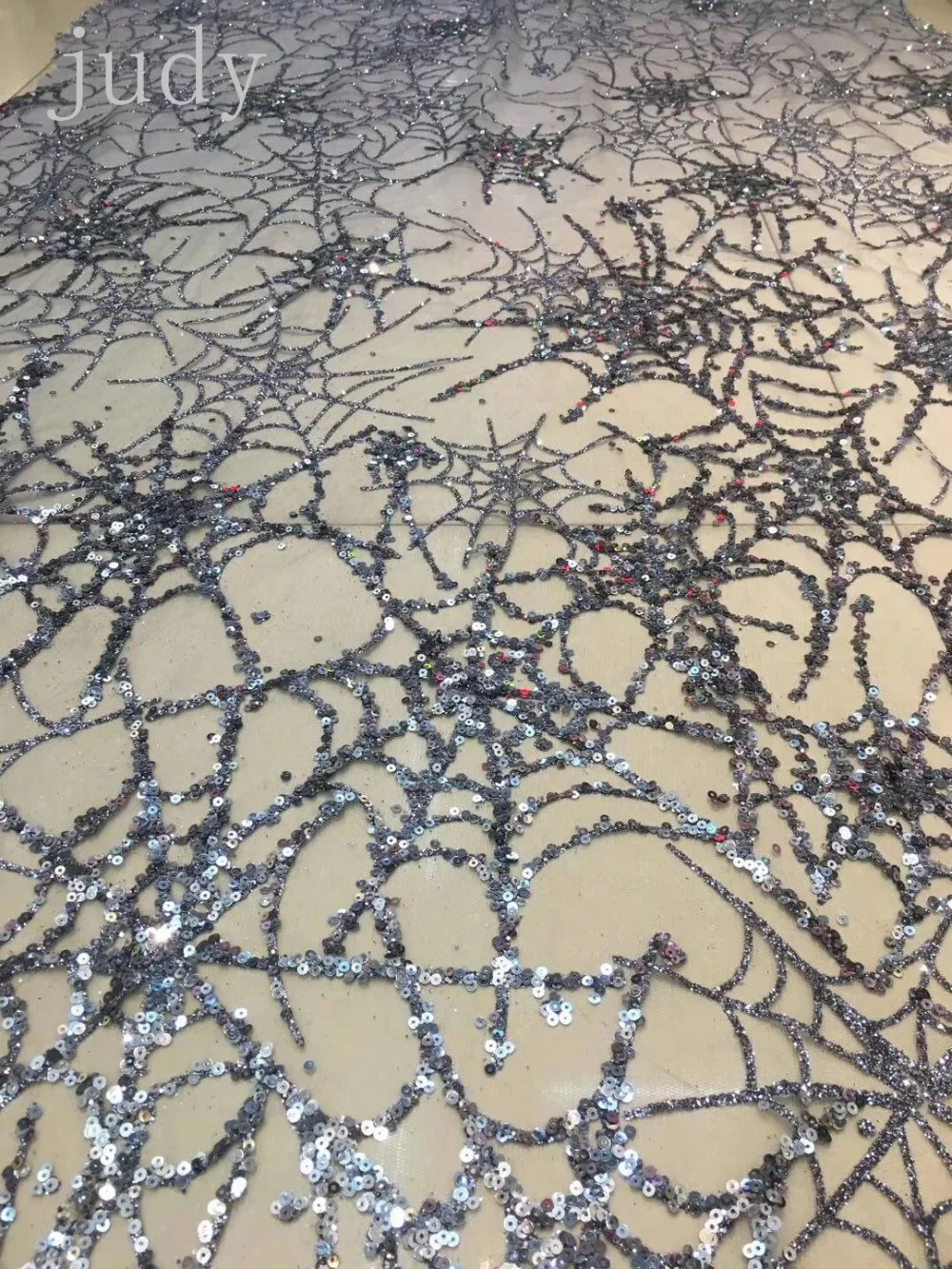 5yards Bag Hl199 Gray Black Adhesive Sequins Mesh Fabric Spider