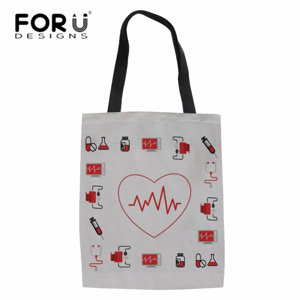 FORUDESIGNS/женская сумка-шоппер Льняная сумка для женщин, сумка для медсестры с принтом сердца, рециркулирующая сумка для девочек, большая емкость, сумка для книг