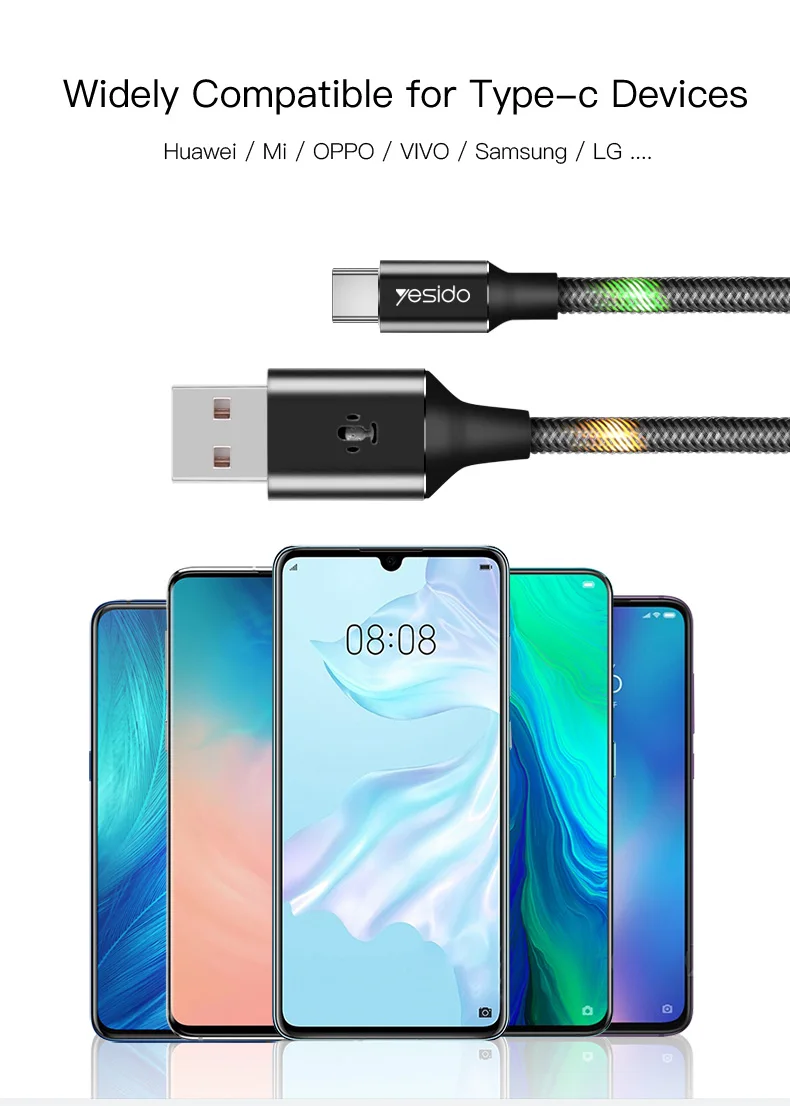 Yesido 1,2 м многоцветный светодиодный кабель usb type C с голосовым управлением для samsung S10 huawei P30 Pro быстрое зарядное устройство кабель для передачи данных для samsung S9