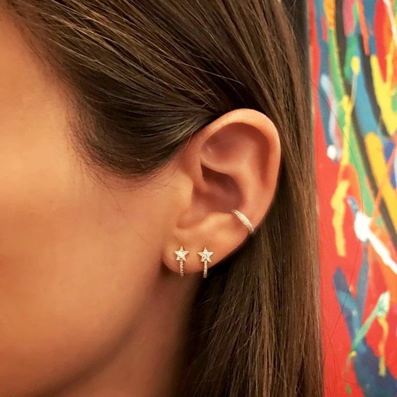 

2019 Fashion top quality factory wholesale J shape stud micro pave cz star earring cute Girl party christmas Gift charm Jewelry