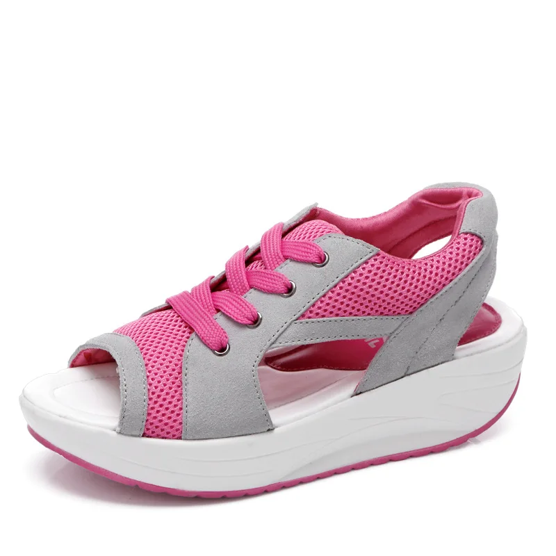 Lzzf/ г., модные летние женские сандалии Повседневная дышащая обувь из сетчатого материала женские босоножки на танкетке Босоножки на платформе со шнуровкой - Цвет: Pink