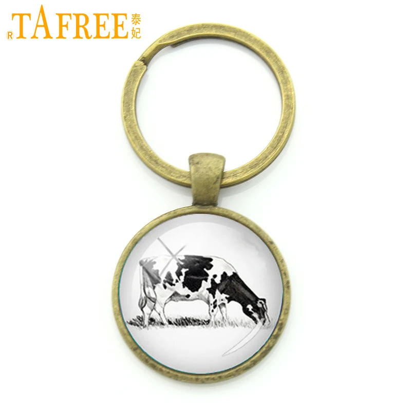 

TAFREE Dairy cow key chain ring holder glass cabochon dome simple style keychain fashion silver-plated 2017 new jewelry KC355