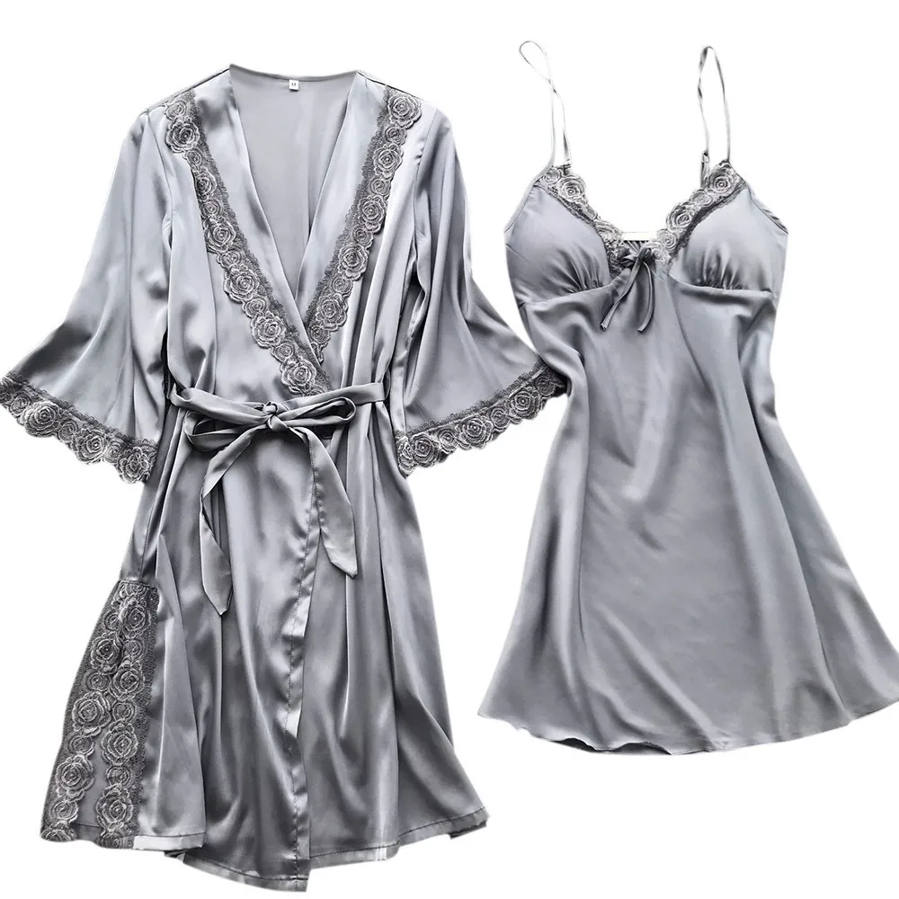 Осенний Атласный пижамный комплект для женщин, стильный комплект из 2 предметов, Брендовое сексуальное женское белье, кружевная шелковая ночная рубашка, ночная рубашка, костюм, пижама, femme# Y5/24 - Цвет: Серый