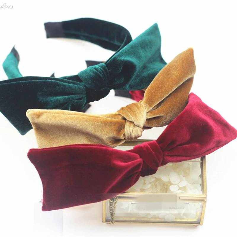 

AOMU 1PC Autumn Winter Velvet Hairband With Rabbit Ear Headband For Women Big Bow Hair Accessories Solid Hair Hoop