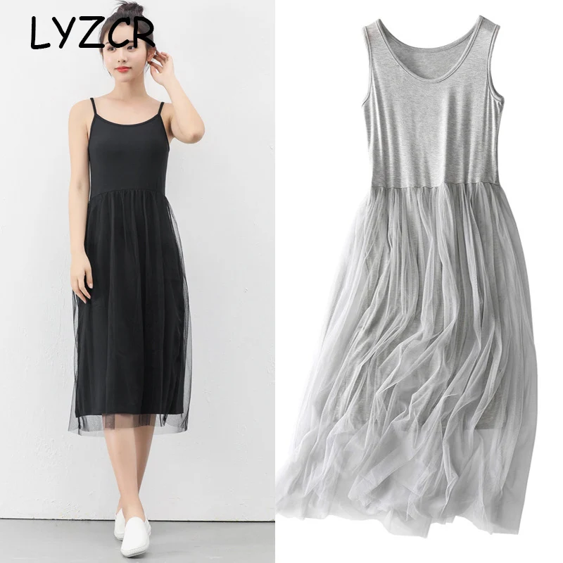 

Sleeveless Tulle Dress Women Summer Vest Tank Top Dresses For Women Ladies Lace Black Dress Elegant Mid Long Dresses Large Size