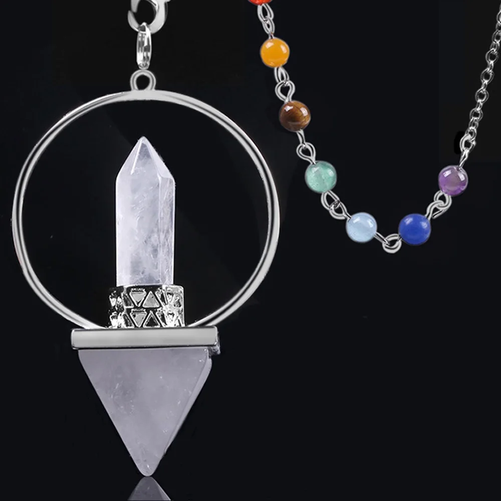 

Reiki Healing 7 Chakra Natural Stone Pendulum For Dowsing Hexagonal Prism Pyramid White Pink Crystal Obsidian Pendants