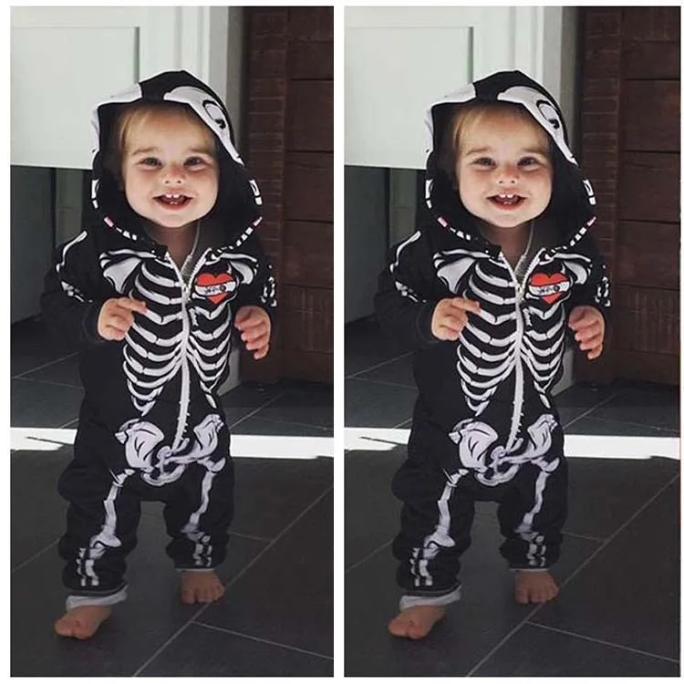 

2018 New Kids Girl Boy Children's Overalls With Hood Skull Skeleton Sliders Overalls Playsuit Outfits baby Cosplay