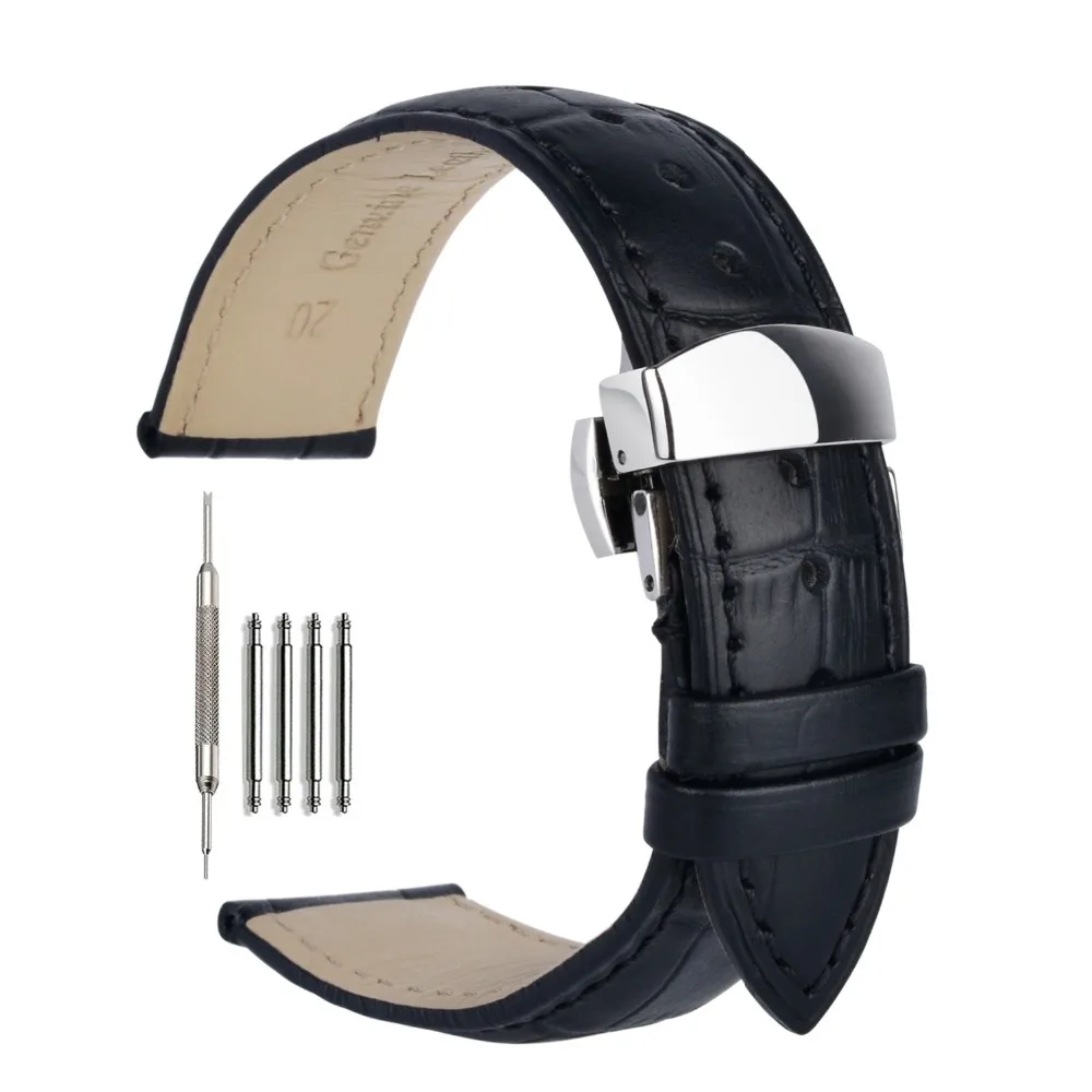 

Watchbands 18mm 19mm 20mm 21mm 22mm Black Leather Watch Strap Silver Butterfly Buckle Alligator Grain For Men Women For Tissot