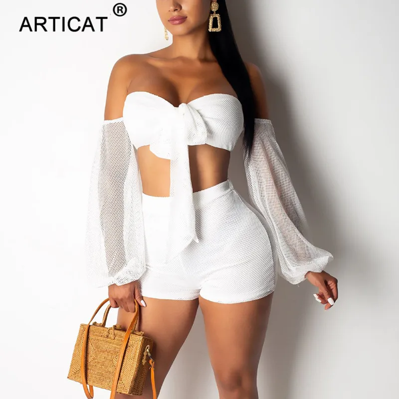 Articat с открытыми плечами пикантные женские костюмы из двух частей с вырезами на шнуровке укороченный топ облегающие пляжные женские Комбинезоны повседневные Комбинезоны - Цвет: Белый