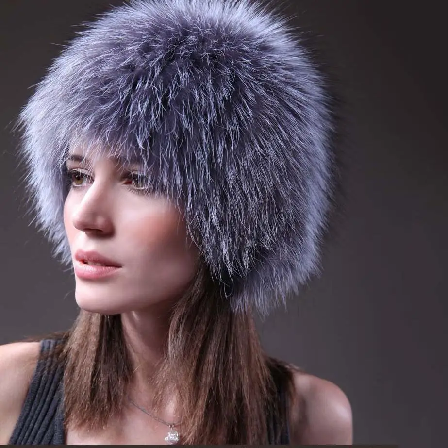 

100% Real White Silver Color Women Knitted Fox Fur Cap Female Genuine Fox Hat Natural Fur Head Warmer China Retail Wholesale