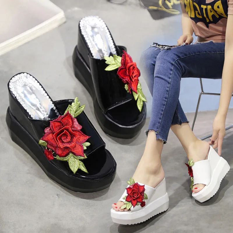 

Thick Bottom Slope with Cool Slippers Summer New Waterproof Table Muffin Embroidery One Word Slippers European Women's Shoes