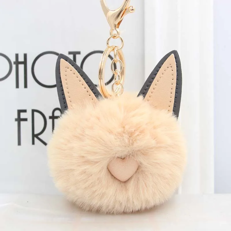 

RE Cute Cat Heart Keychain Pompom Rabbit fur ball key chain fluffy pompon Keyring Women Key Holder Car Bag Charms Key ring A0730