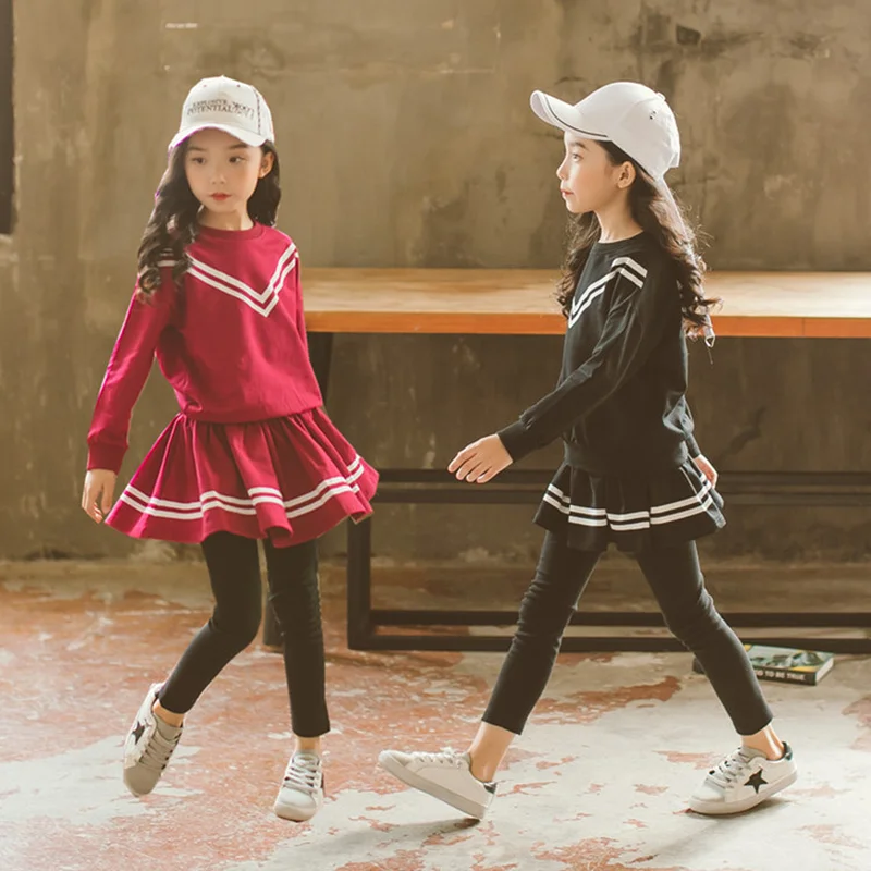 

Children's Outfits Autumn 2018 New Korean Baby Girl's Sports Suit Kids Girls Skirt Style Sets Printed Striped Clothes Set CLS205