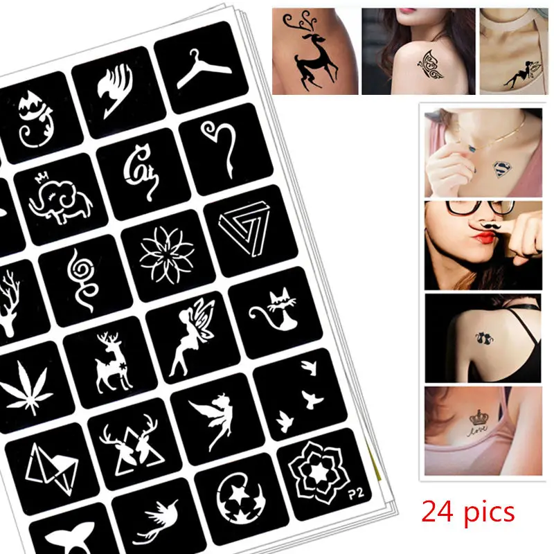 24 фото трафареты для татуировок хной DIY Jagua рисунок Шаблоны Аэрограф Менди Body Art небольшой флэш-тату трафарет C17
