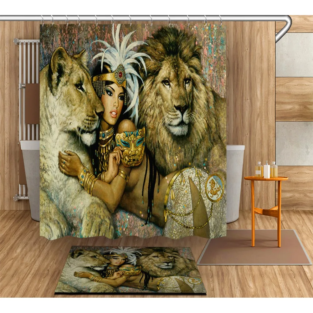 

Vintage African Sexy Woman & Beast Lion Shower Curtain With Rug Set Bathroom Waterproof Polyester Fabric for Art Bathtub Decor