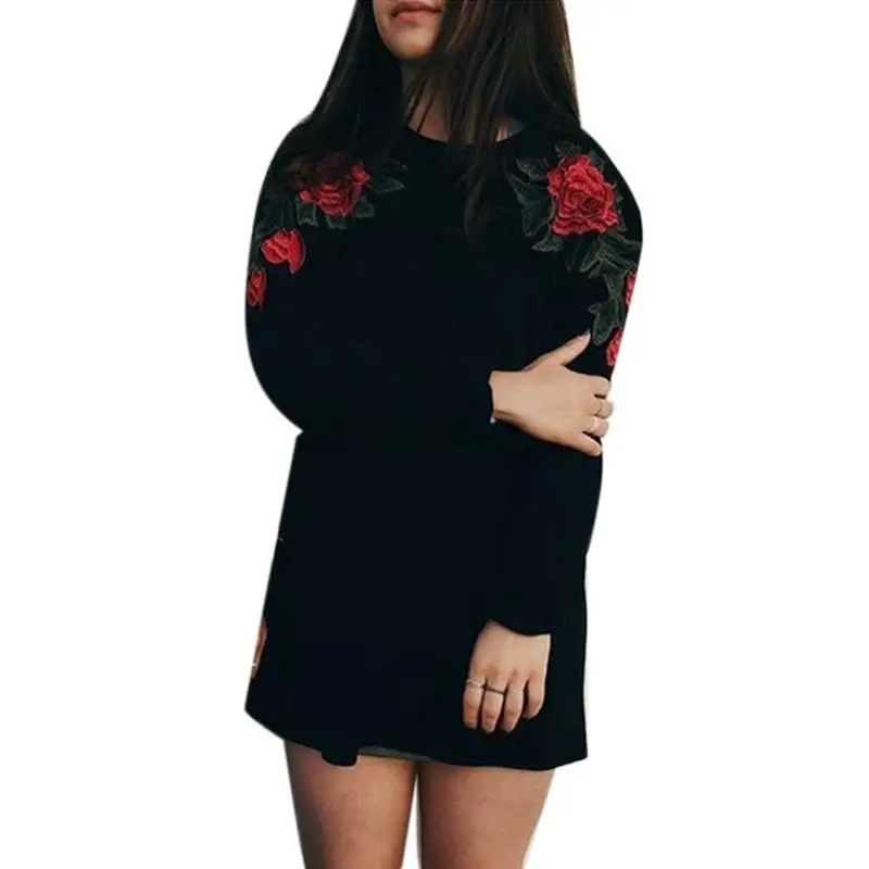 Newest Winter Women Hoodie Sweatshirt Casual Floral Embroidery Flower Embroidered Tops Grey Black Pullover Hoodies