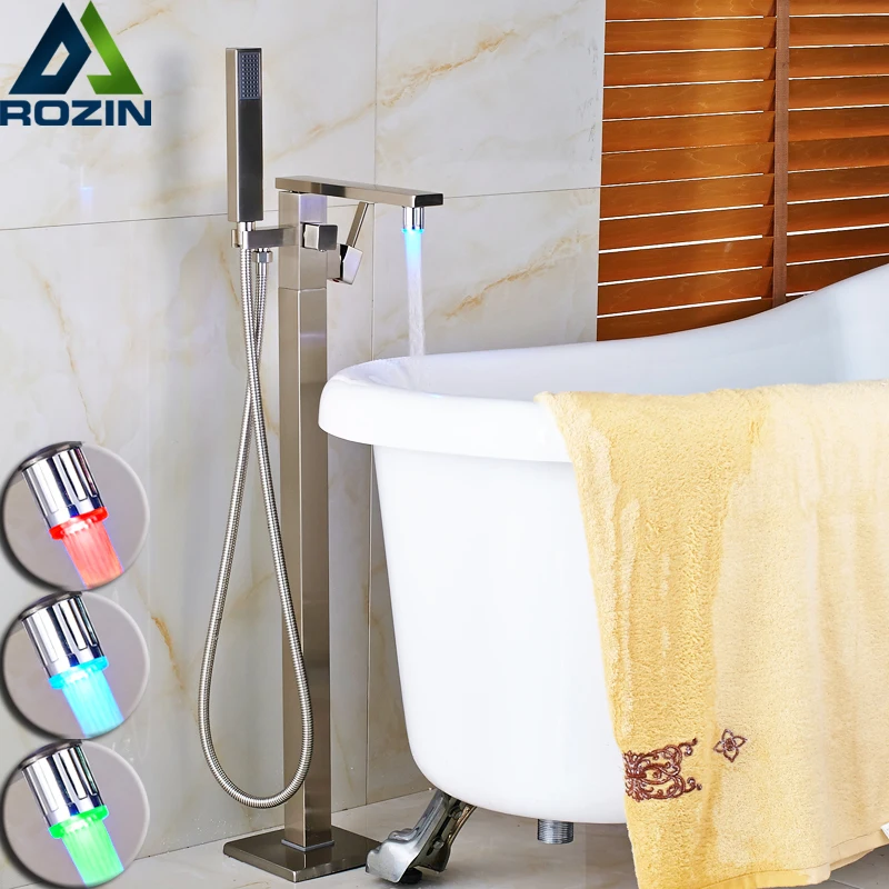 

Brushed Nickel Square Floor Standing Bathtub Faucet LED Color Changing One Handle Handheld Shower Tub Mixer Claw Foot