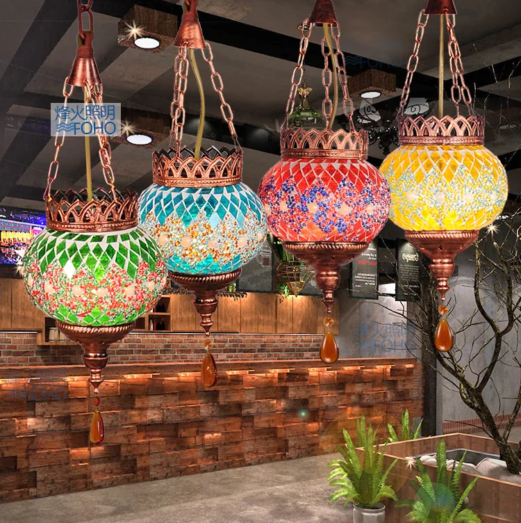 

Mancoffee Retro Ceiling Lamp Southeast Asia Bohemia Colorful Glass Turkey Vintage Droplight Cafe Bar Restaurant Hanging Lamp
