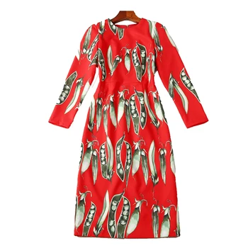 

High Quality 2019 Spring Runway Designer Women Dresses O-neck Full Sleeve Floral Pea Print Vintage Midi Dress DX0293N