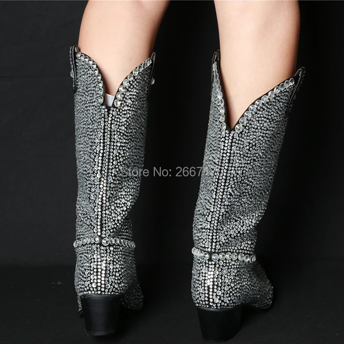 Botas Haute Qianruiti As Bottes Femmes De Bottines Diamant Chaussures Cristal Bloc Pic Bout as Genou Talon Med Longues Luxe Designer Strass Pic Pointu qrA0qw8