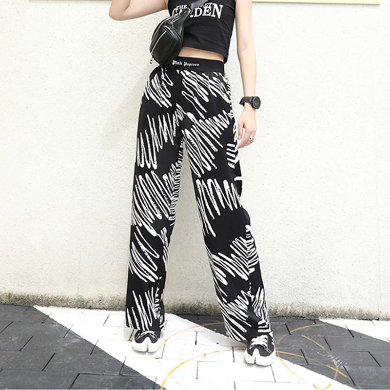 

Johnature High Waist Wide Leg Pants Autumn 2019 New Streetwear Printing Leisure Elastic Waist Chiffon Full Length Women Pants